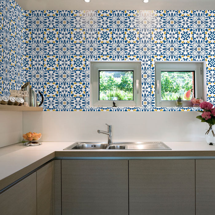 Portuguese look kitchen with blue global tile adhesive wallpaper