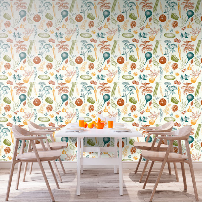 dining area with colorful pattern and full of foods wallpaper