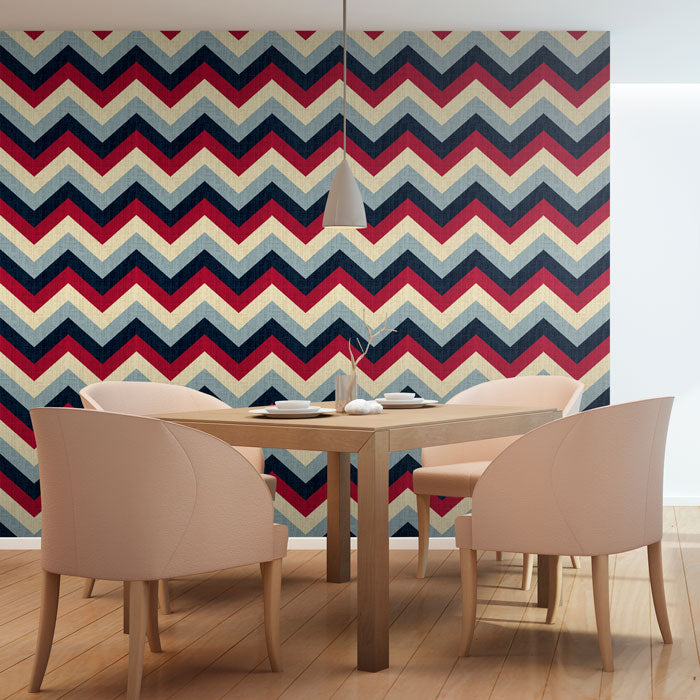 modern look area with red and blue chevron wallpaper