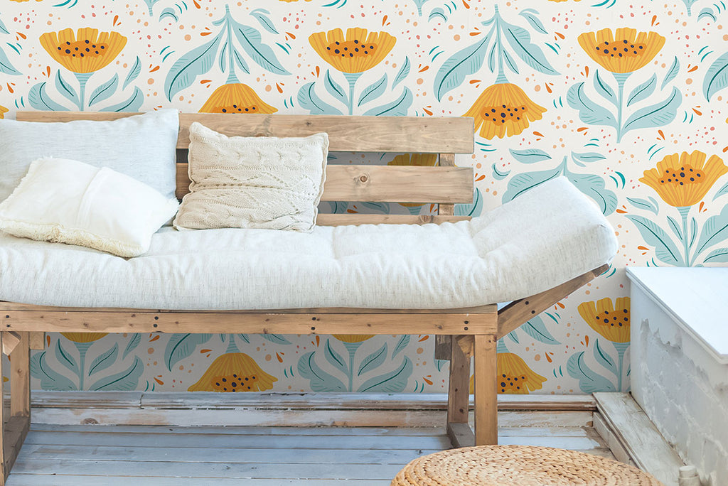 bench with floral mustard wallpaper