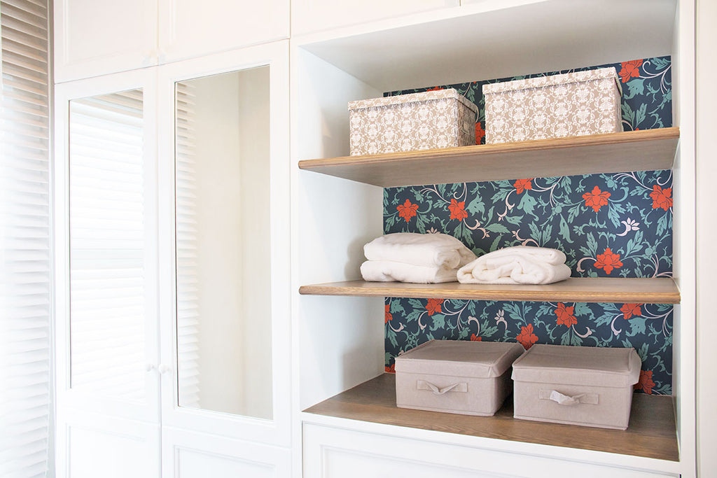 shelf with floral vintage wallpaper