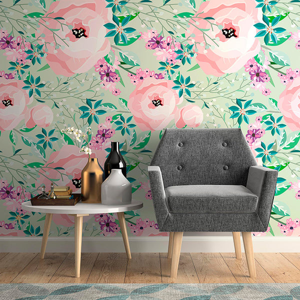 chair with floral pink green wallpaper