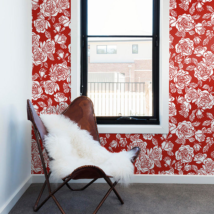 blossomed white roses veiled over a classic red backdrop wallpaper