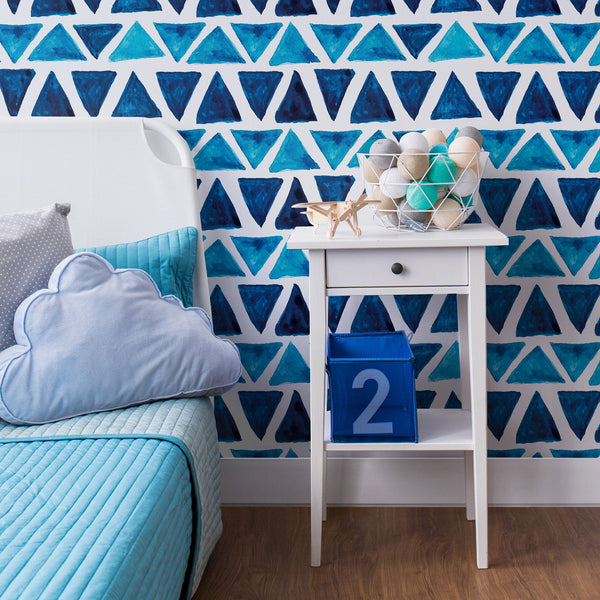 Blue and White Triangles Geometric Fabric Removable Wallpaper