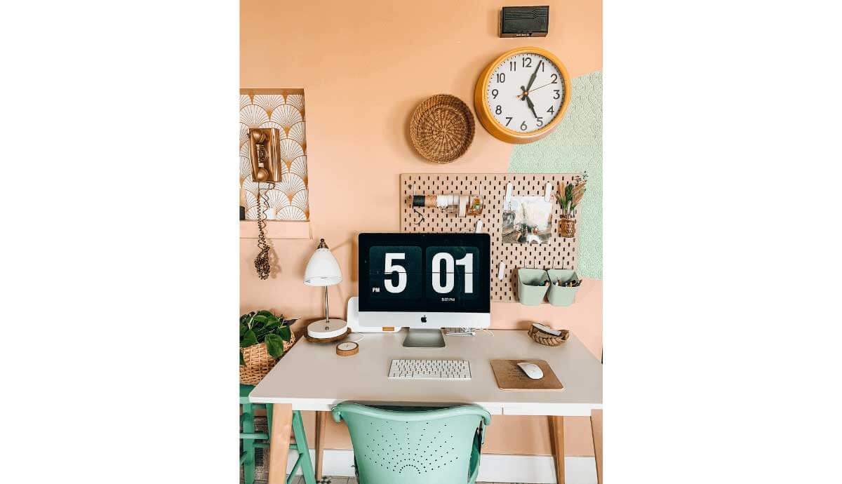 office decor with pastel wallpaper