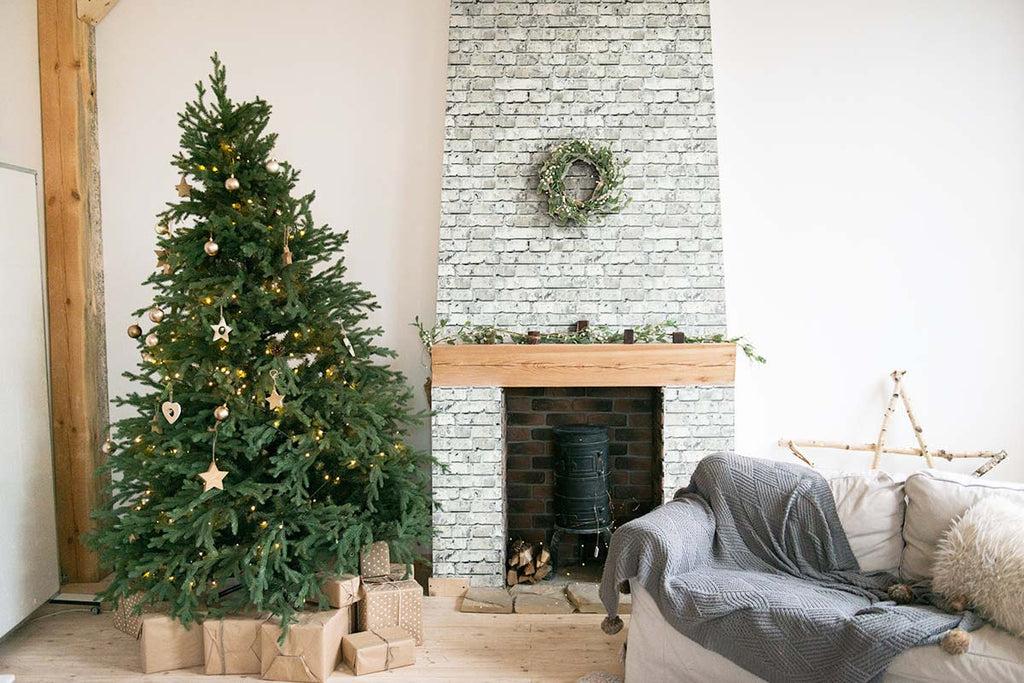 Christmas decor fireplace with turquoise brick texture wallpaper