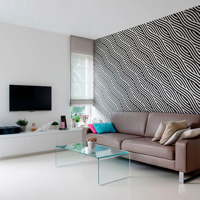 spacious entertainment area with Black and White Striped wallpaper