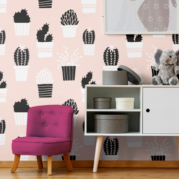 pink and black cactus removable wallpaper