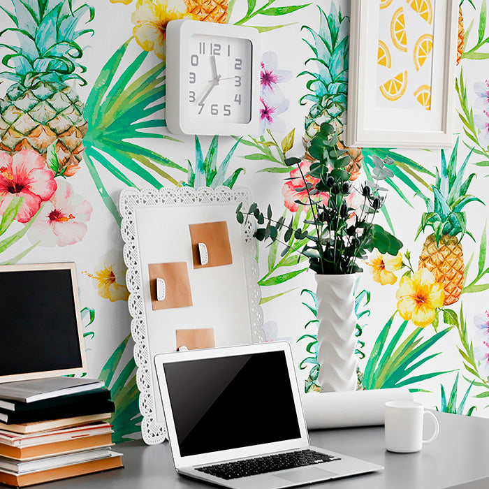 White Tropical Themed Fabric Removable Wallpaper