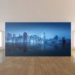 blue city landscape fabric removable wall mural