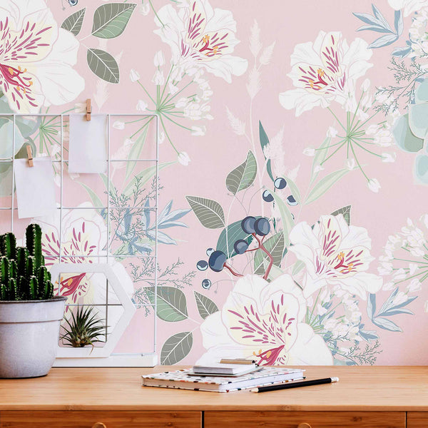 Pink Flowers Peel and Stick Removable Wallpaper 1136 | Walls by Me