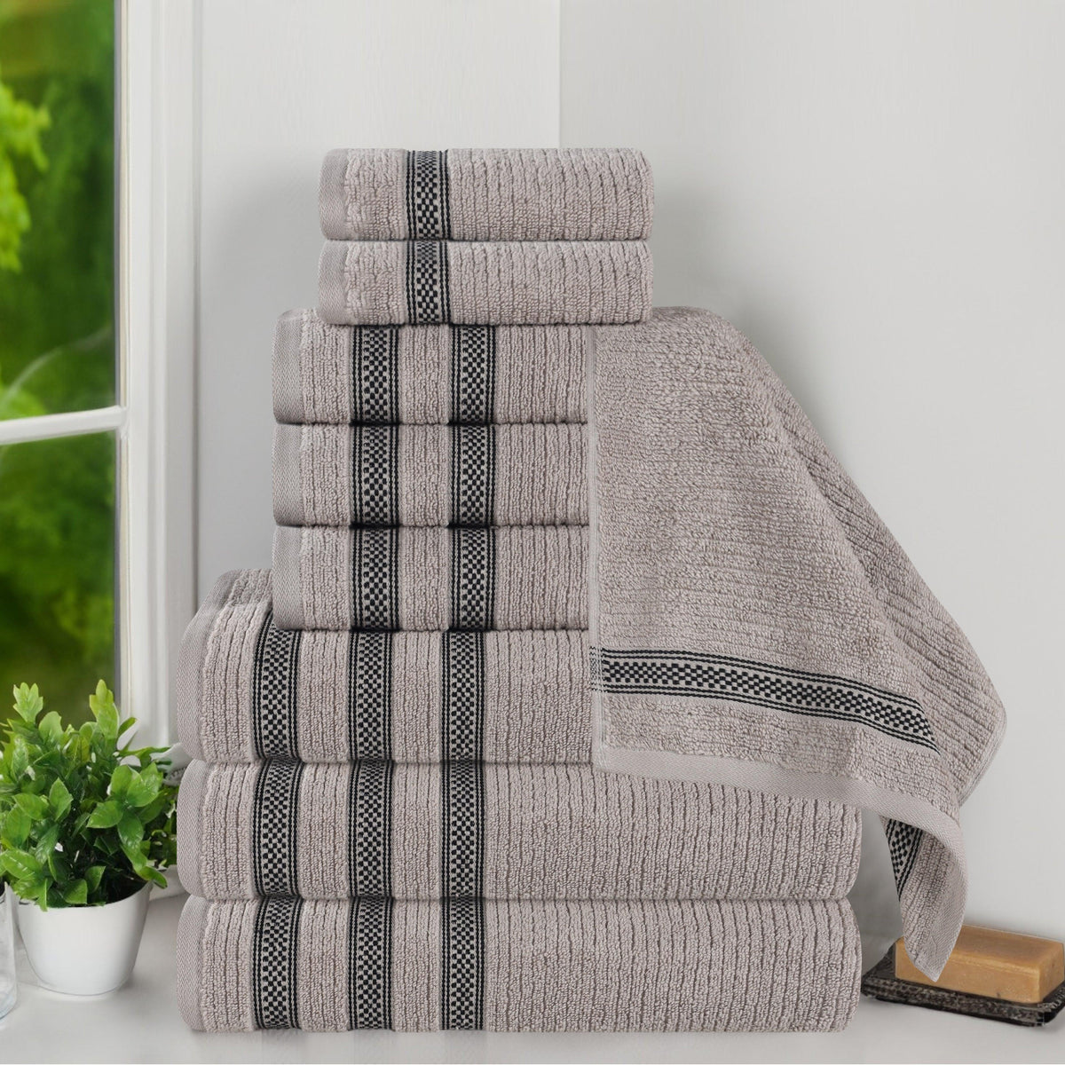 Superior Brea Zero Twist Cotton Ribbed Modern 12 Piece Bathroom Towel Set - Forest Green