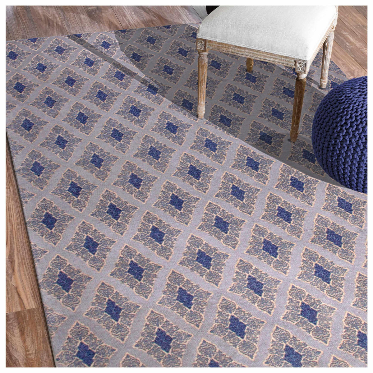 Diamond Chenille Blue Handwoven Cotton Rug