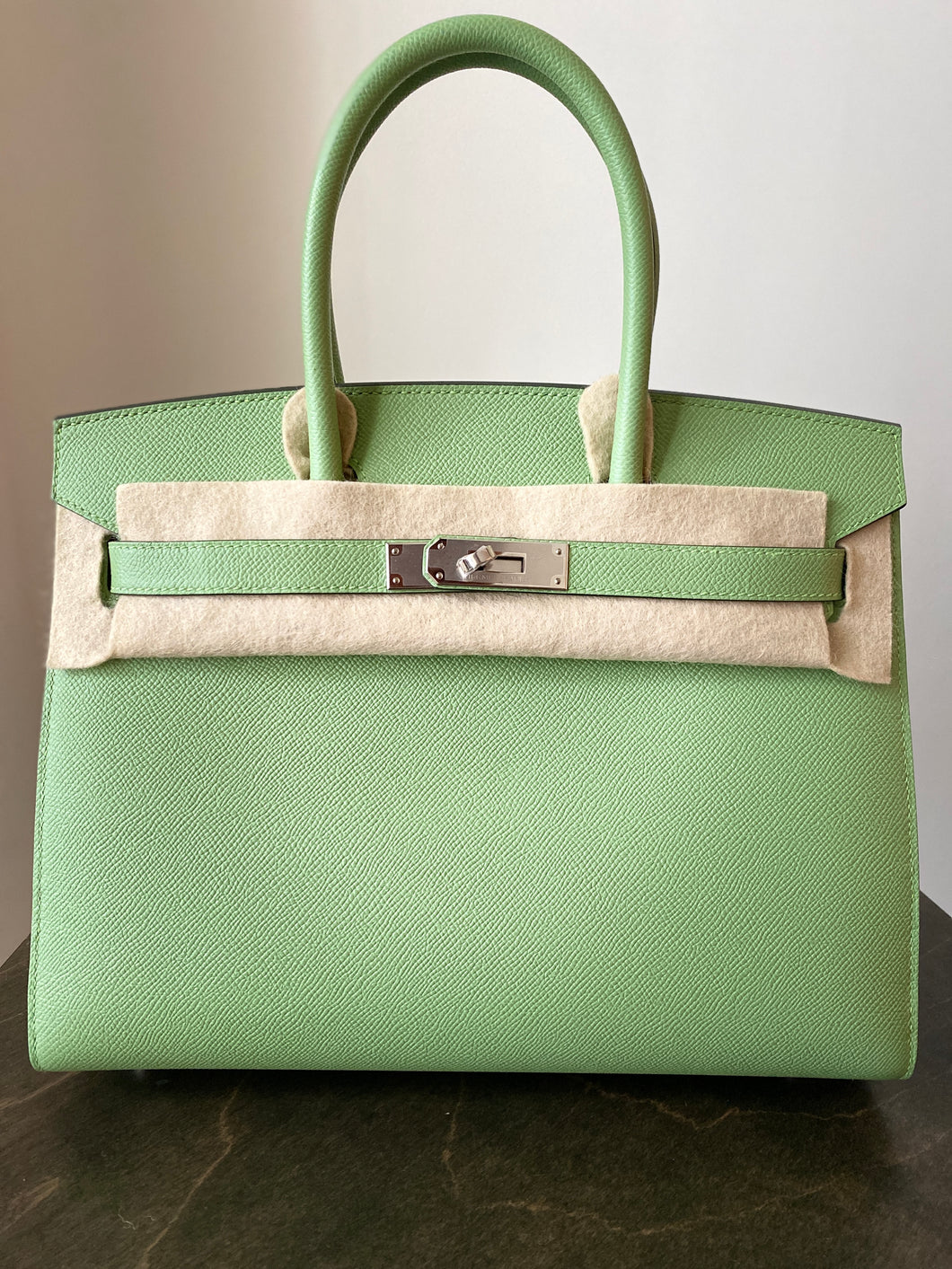 Replica Hermes Kelly Pochette Bag In Vert Criquet Epsom Leather