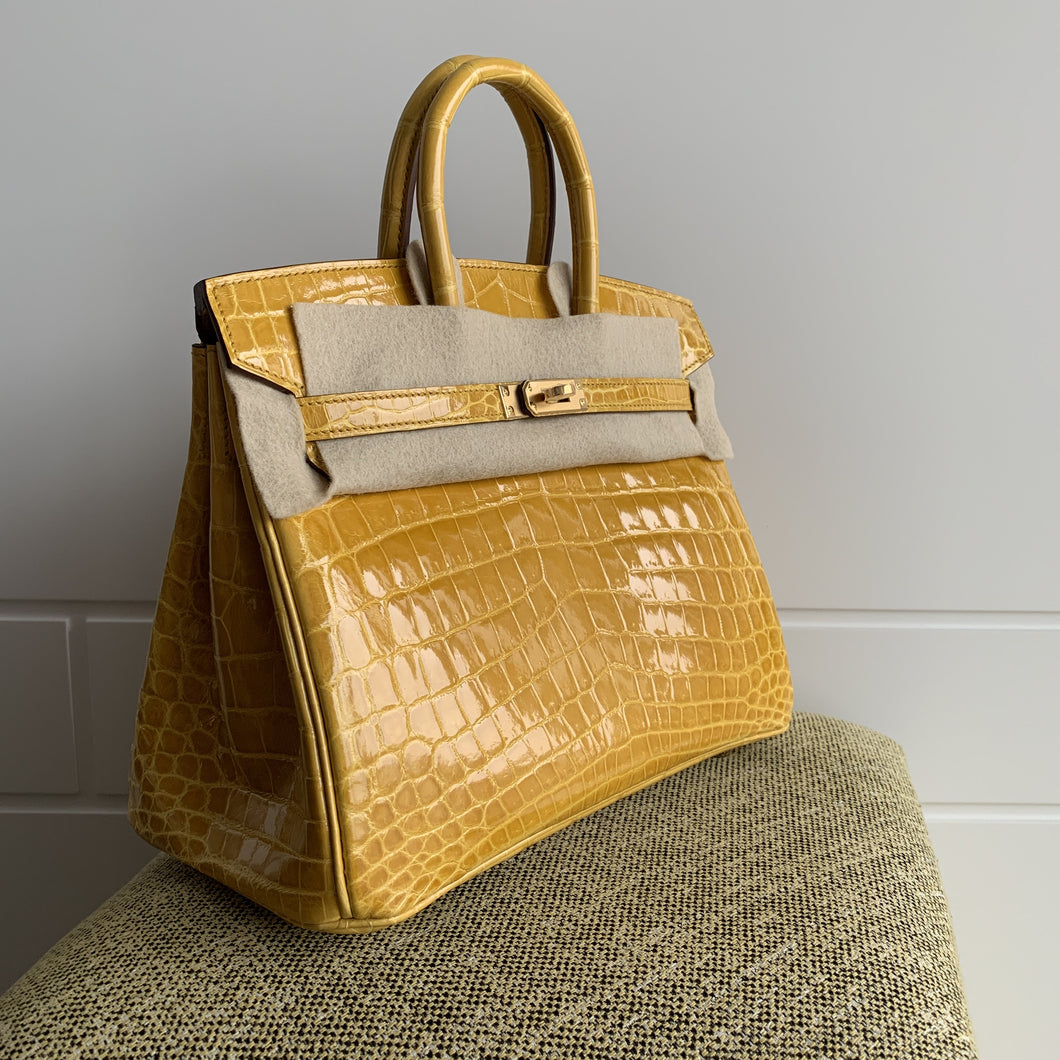 Hermes Birkin 25 Jaune Ambre Porosus Lisse Shiny Gold Hardware #C - Vendome  Monte Carlo