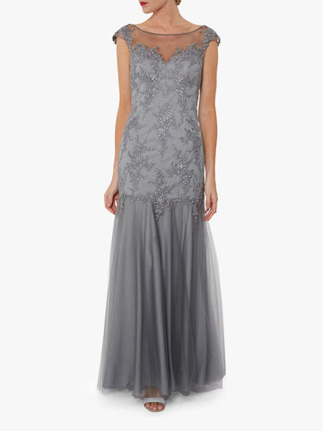 Gina Bacconi Malina Embroidered Maxi Dress, Light Grey