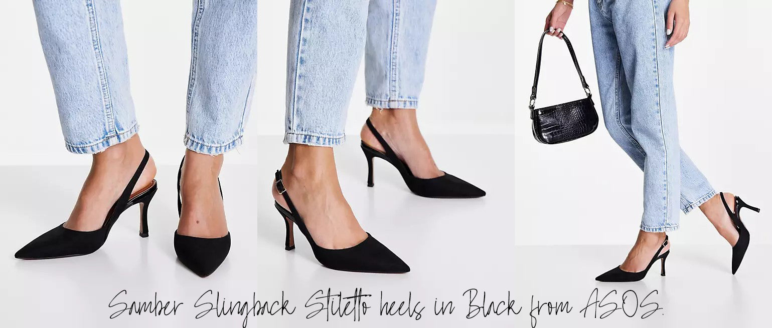 a combination of images showing the ASOS Design Samber Sling-back Stiletto Heels in Black
