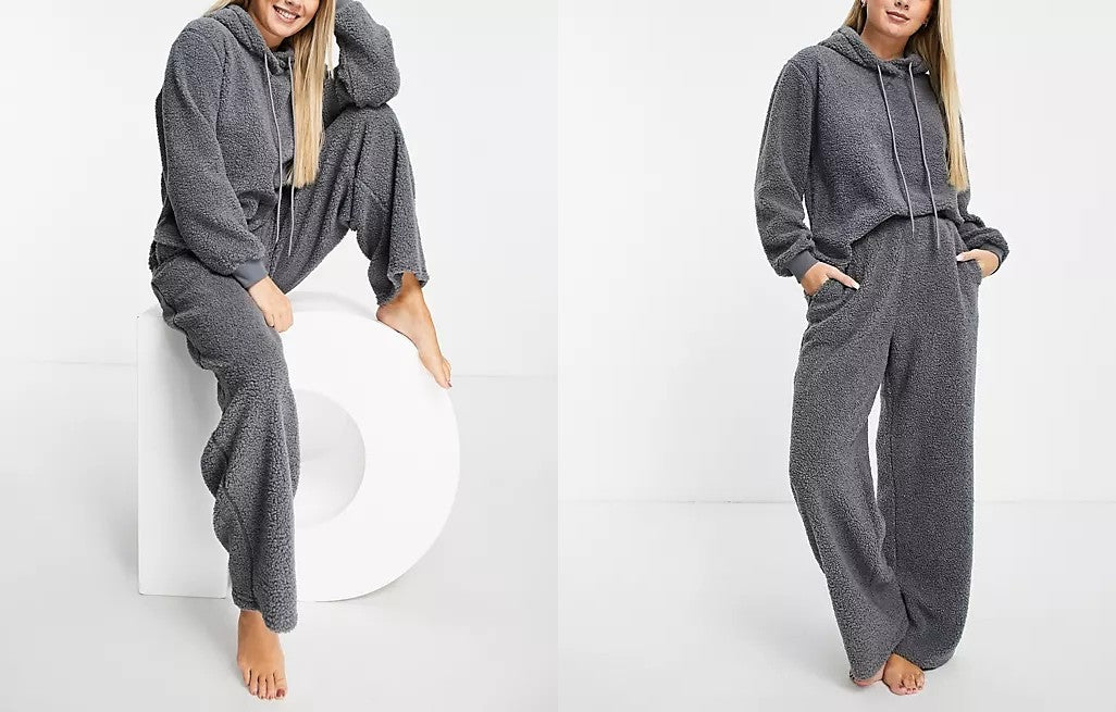 Website images showing ASOS DESIGN lounge borg hoodie and straight leg trouser set in grey.