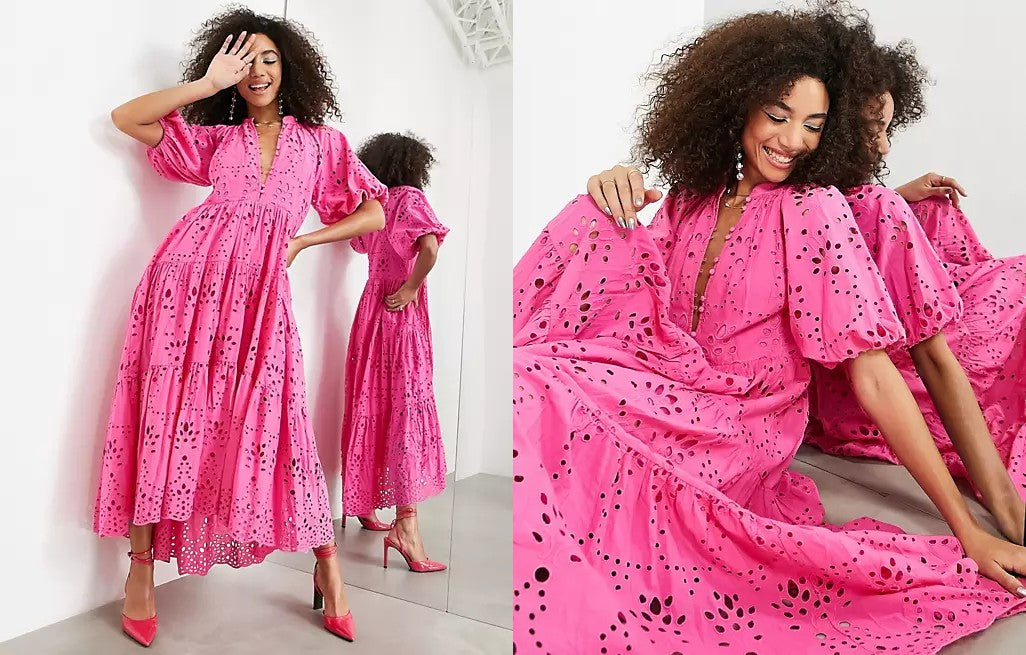 two website images side by side, showcasing a model wearing the ASOS EDITION button front tiered broderie maxi dress in bright pink