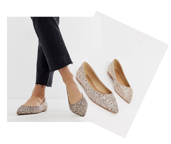   two website images side by side, showcasing a model wearing ASOS Lucky pointed ballet flats.