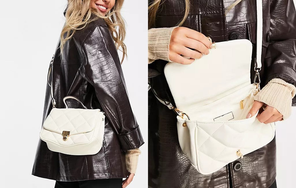 two website images side by side, showcasing the Accessorize quilted cross body in cream.