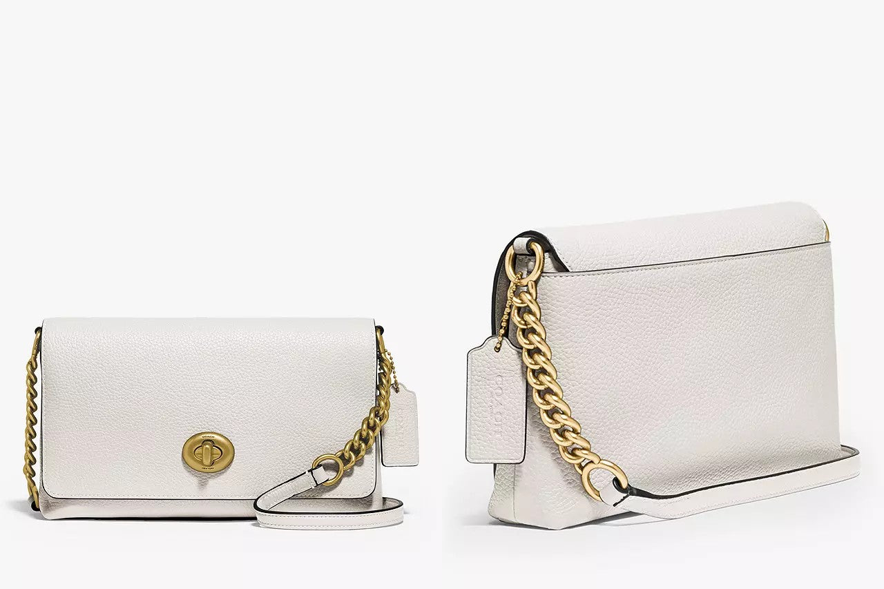 two website images side by side, showcasing the Coach Crosstown Turnlock Leather Cross Body Bag, Chalk.