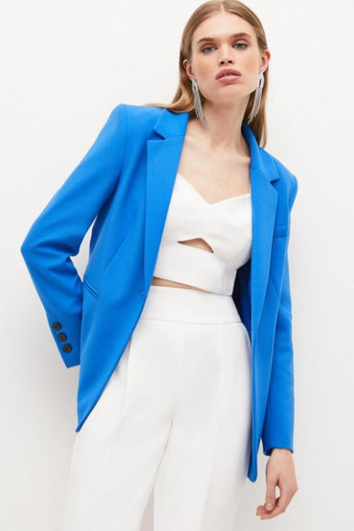model pictured wearing the Karen Millen Compact Stretch Single Breasted Jacket in Cobalt