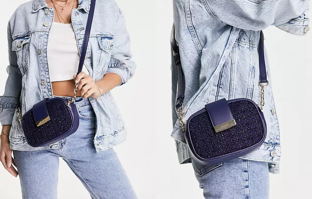  two website images side by side, showcasing the Dune boucle chain strap shoulder bag in navy