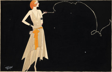 "Where there's smoke there's fire" by Russell Patterson, showing a fashionably dressed flapper in the 1920s.