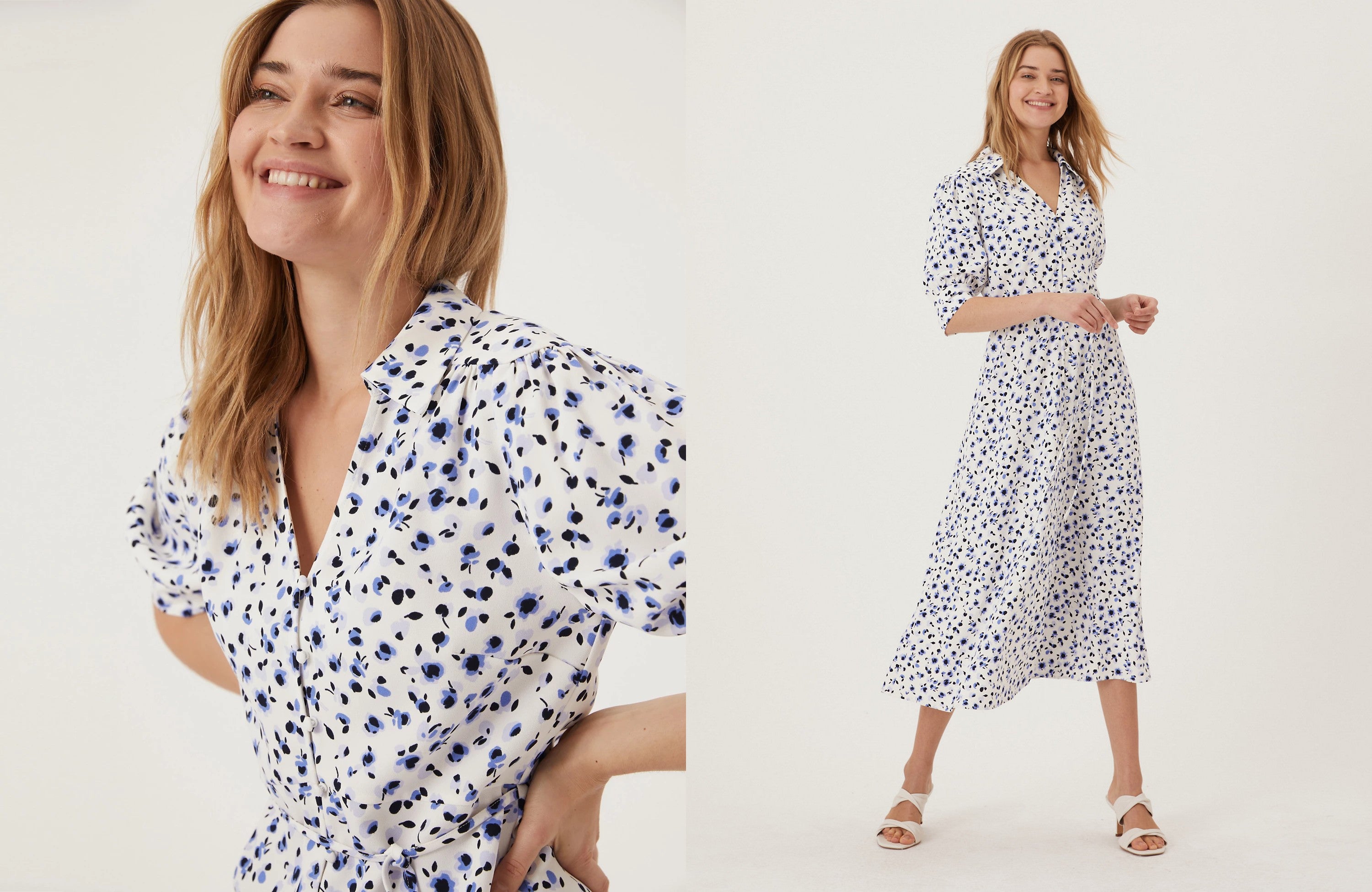 A model pictured wearing the M&S Floral Button-Through Midi Shirt Dress