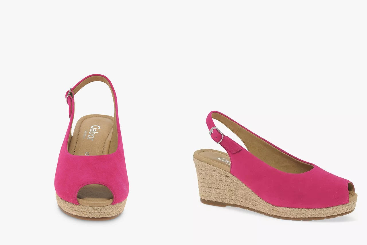   two website images side by side, showcasing a model wearing Gabor Tandy Wide Fit Suede Slingback Sandals