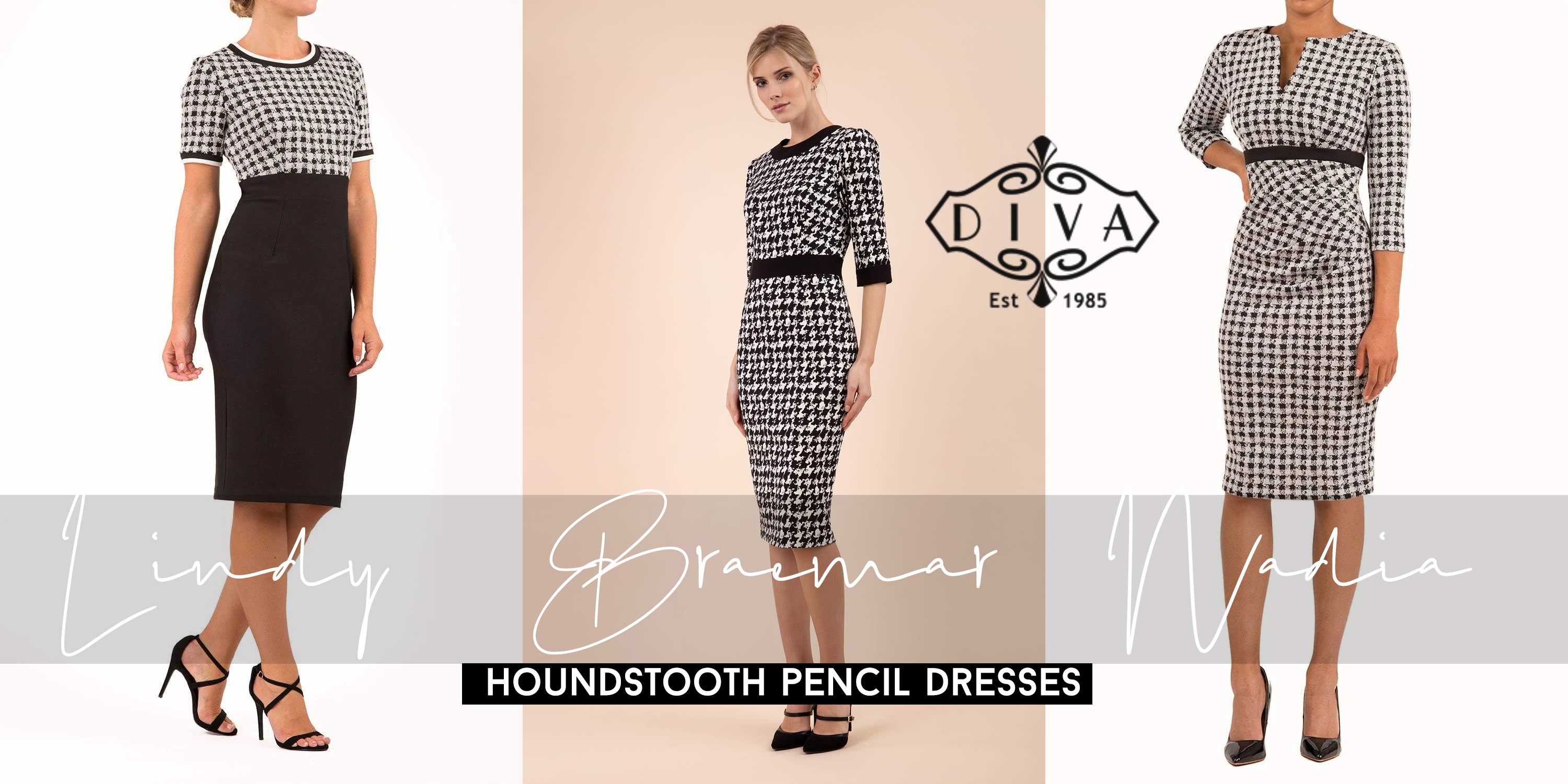 three images of Houndstooth dresses, each designed and sold by Diva Catwalk - with wording stating the name of each dress.