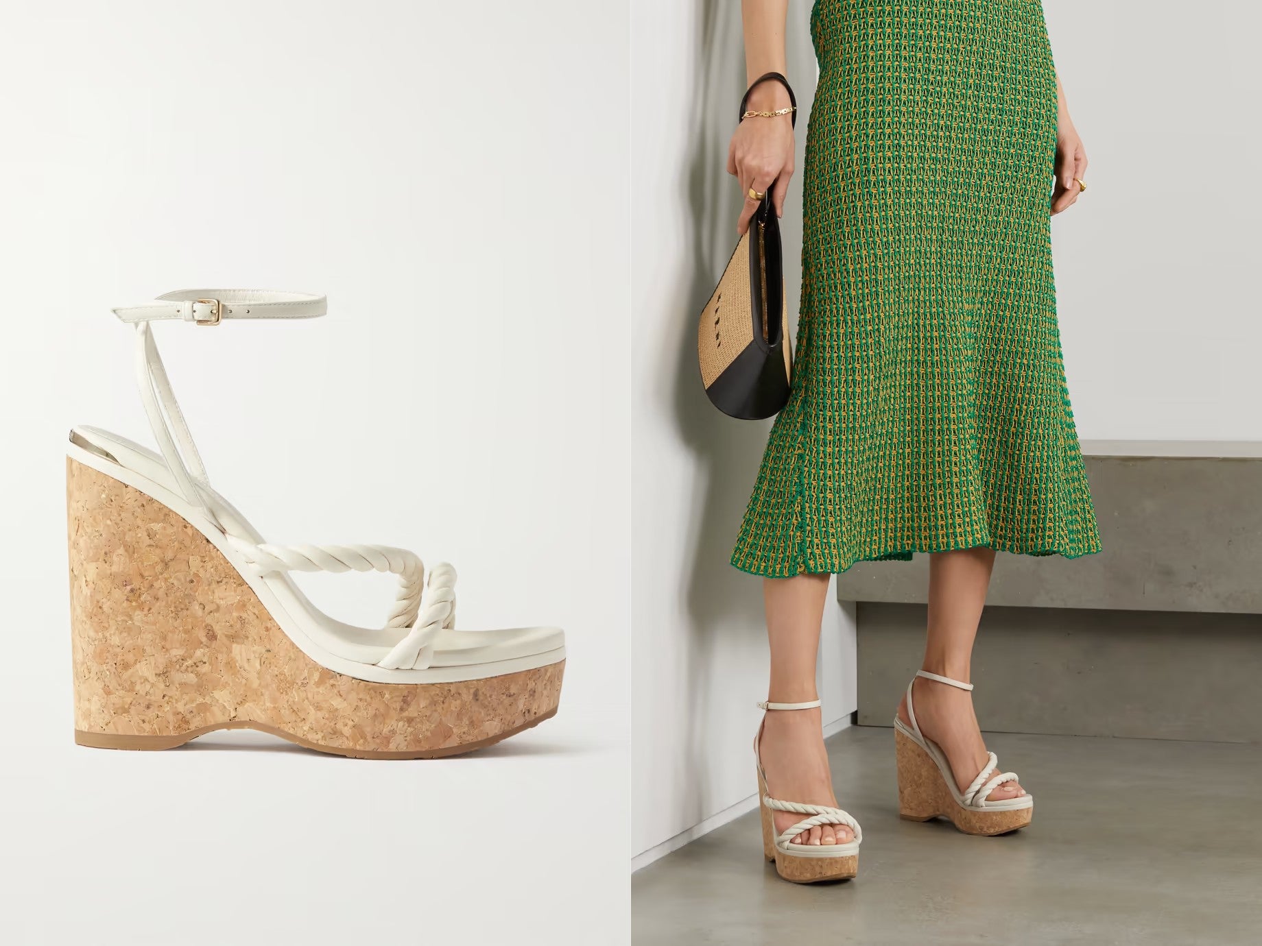 two website images side by side, showcasing a model wearing Jimmy Choo Diosa 130 twisted leather wedge sandals