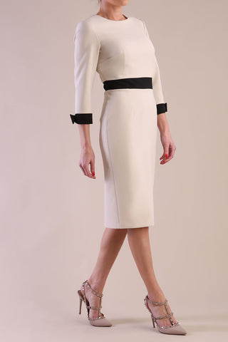 Diva Reese Pencil Dress In Sandshell colour with 3/4 Sleeve and contrast cuffs and waistband front side of the dress image