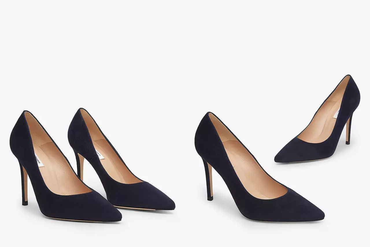 two website images side by side, showcasing the L.K.Bennett Fern Court Shoes, Navy Suede