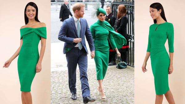 Two emerald green Diva Catwalk pencil dresses and an image of Meghan Markle 