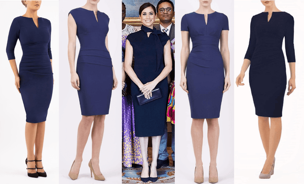 4 diva catwalk pencil dresses in navy and a photo of meghan markle in similar pencil dress 