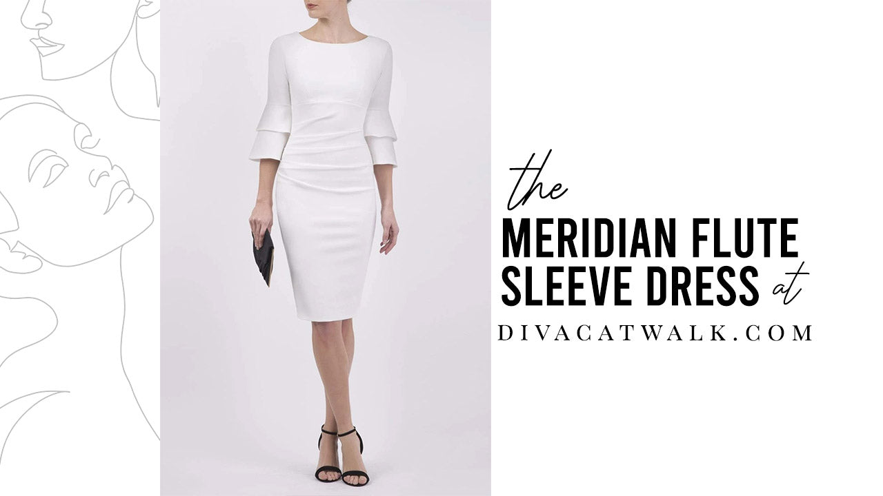 a woman model pictured wearing the Meridian dress with text showing the dress title.