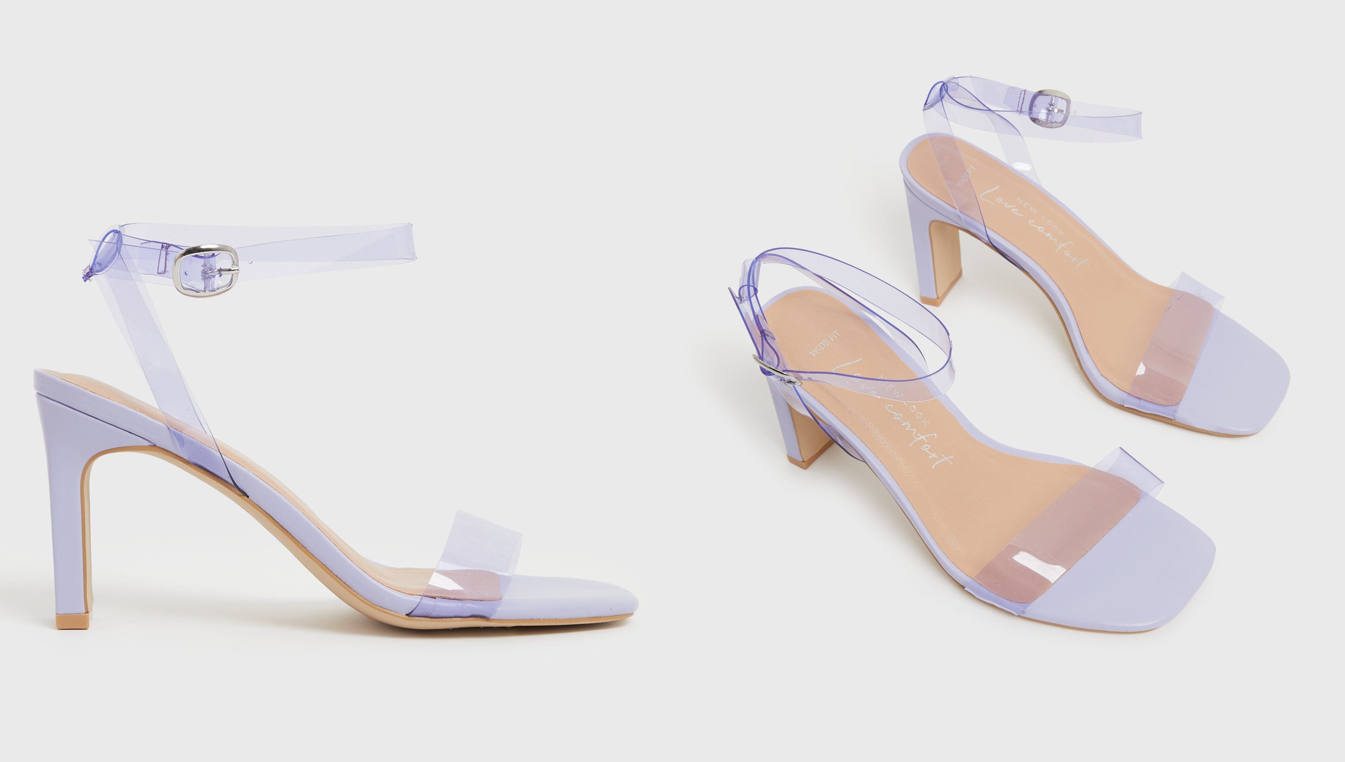 Two website images showcasing the New Look Lilac Clear Strap Shoes