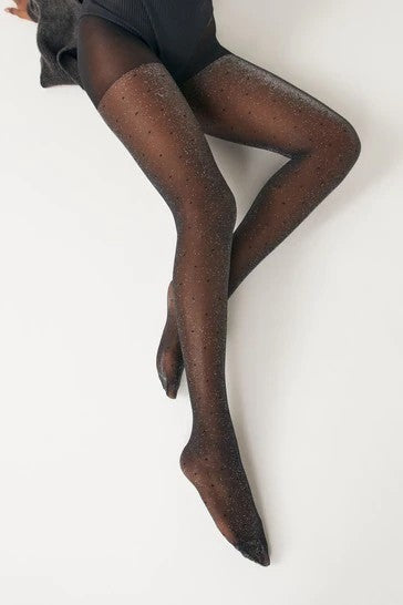 a website image showing a models legs wearing Next Black Spot Sparkle Tights