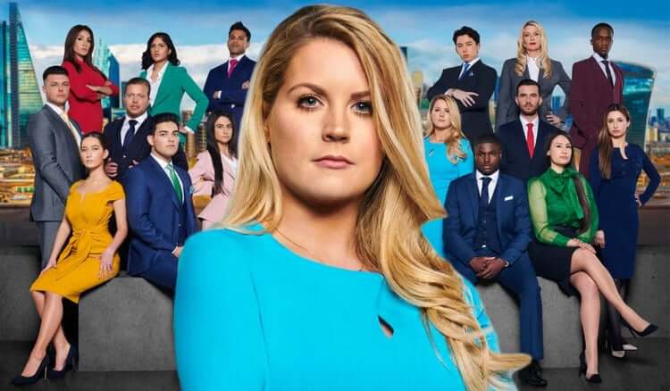 Pamela Laird stands in front of the apprentice 2019 wearing the Ubrique pencil dress 