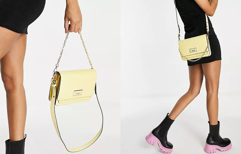   two website images side by side, showcasing a model showcasing the River Island patent satchel in light yellow.