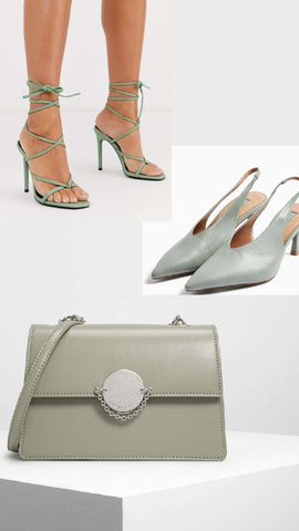 two pairs of heels and a handbag all sage coloured