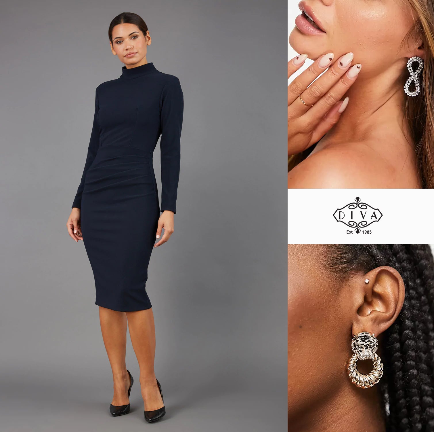 a model pictured wearing the high neck Sasha dress with two earring accessory images to the right.