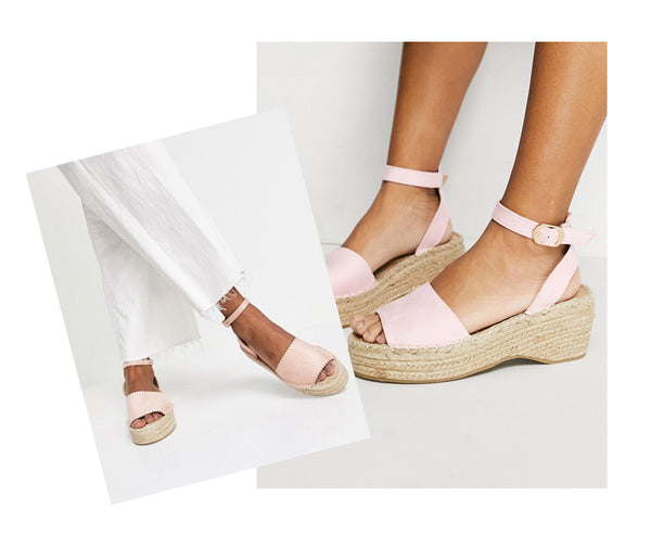  two website images side by side, showcasing a model wearing South Beach Espadrilles in Blush.