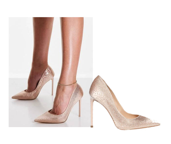  two website images side by side, showcasing a model wearing Steve Madden Vala heeled pointed court shoe 