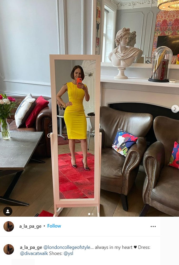 instagram screengrab of a a_la_pa_ge tagged image of a woman wearing a Diva Catwalk yellow dress.