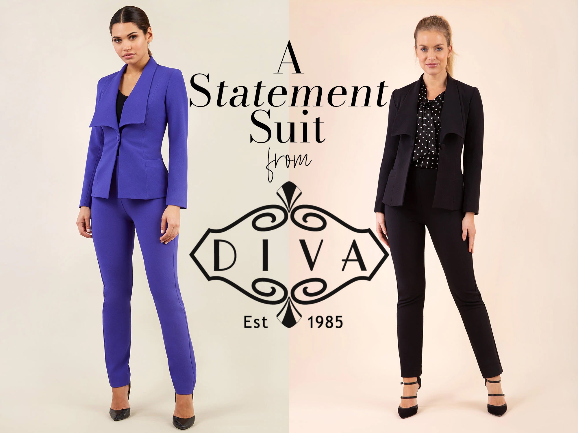 two images combined with the logo for Diva Catwalk and showing two suits - one in blue and the other black.