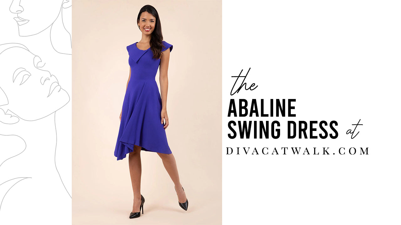 a divacatwalk featured image, with a model wearing the abaline swing dress and text describing the dress title.