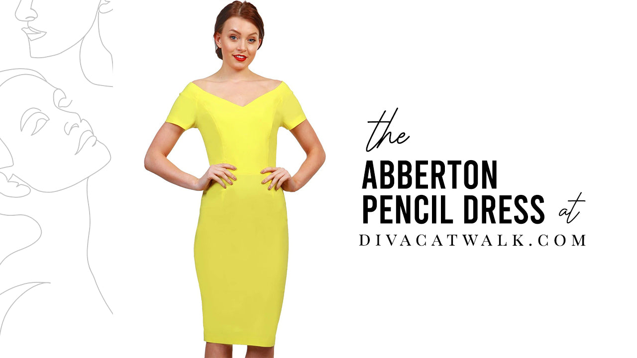  a woman model pictured wearing the Abberton dress in Yellow with text showing the dress title.